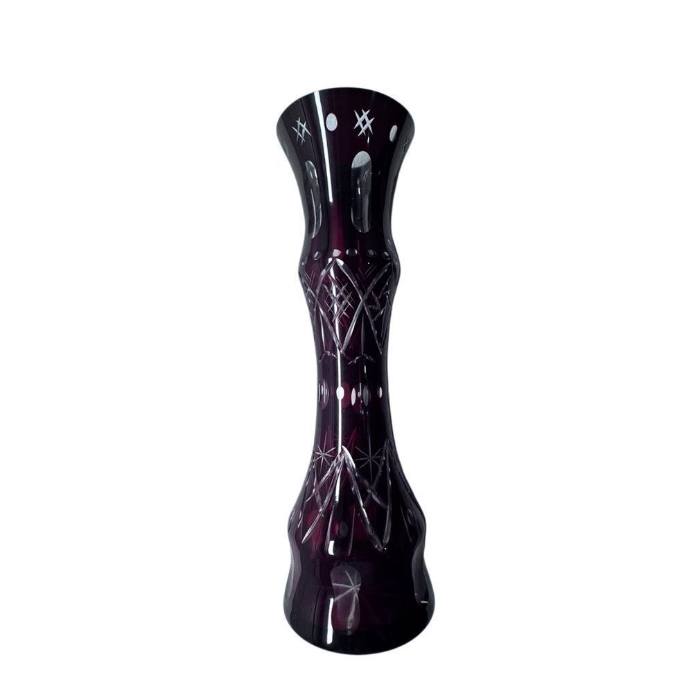 Vintage Ruby Cut Glass Boho Mid-Century Vase Floral Etched 11” Tall